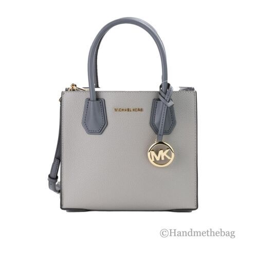 Michael Kors Mercer Medium Pearl Gray Leather Messenger Crossbody Handbag Purse